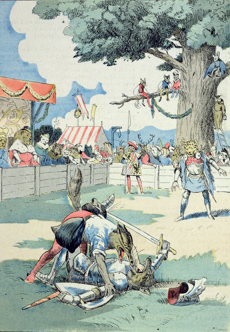 レナールとイゼングリンの戦い（G.ル・コルディエ作「レナール様の冒険」より）1900年頃（カラーリトグラフ 作： ジョセフ・ポーフィーリー・ピンチョン