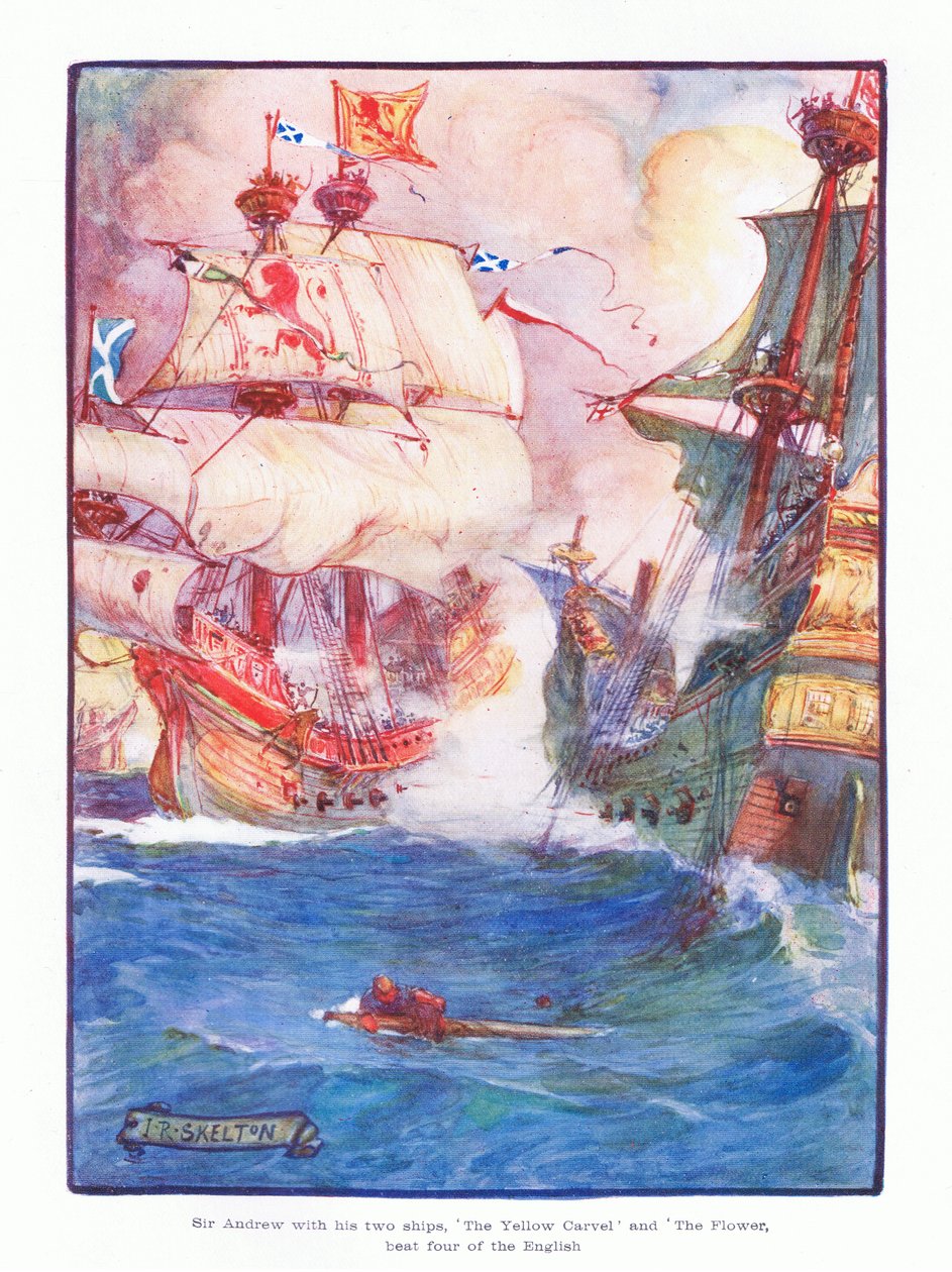 アンドリュー卿と彼の2隻の船、イエローカーベルとフラワーは1910年に5隻のイギリス艦を打ち負かしました。 作： ジョセフ・ラトクリフ・スケルトン