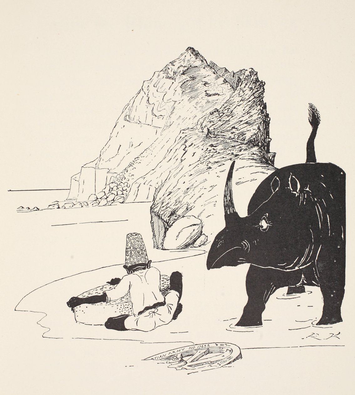 無人島でケーキを食べ始めたパーシー。イラストは、パブのRudyard Kiplingによる「Just So Stories for Little Children」から。ロンドン、1951 作： ジョセフ・ラドヤード・キプリング
