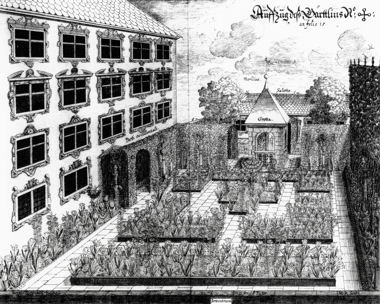 Jonas Arnold（1600-69）によって彫刻されたArchitectura Privataのウルムのフルッテンバッハス庭園のデザイン、1641年発行 作： フルッテンバッハ後のジョセフ