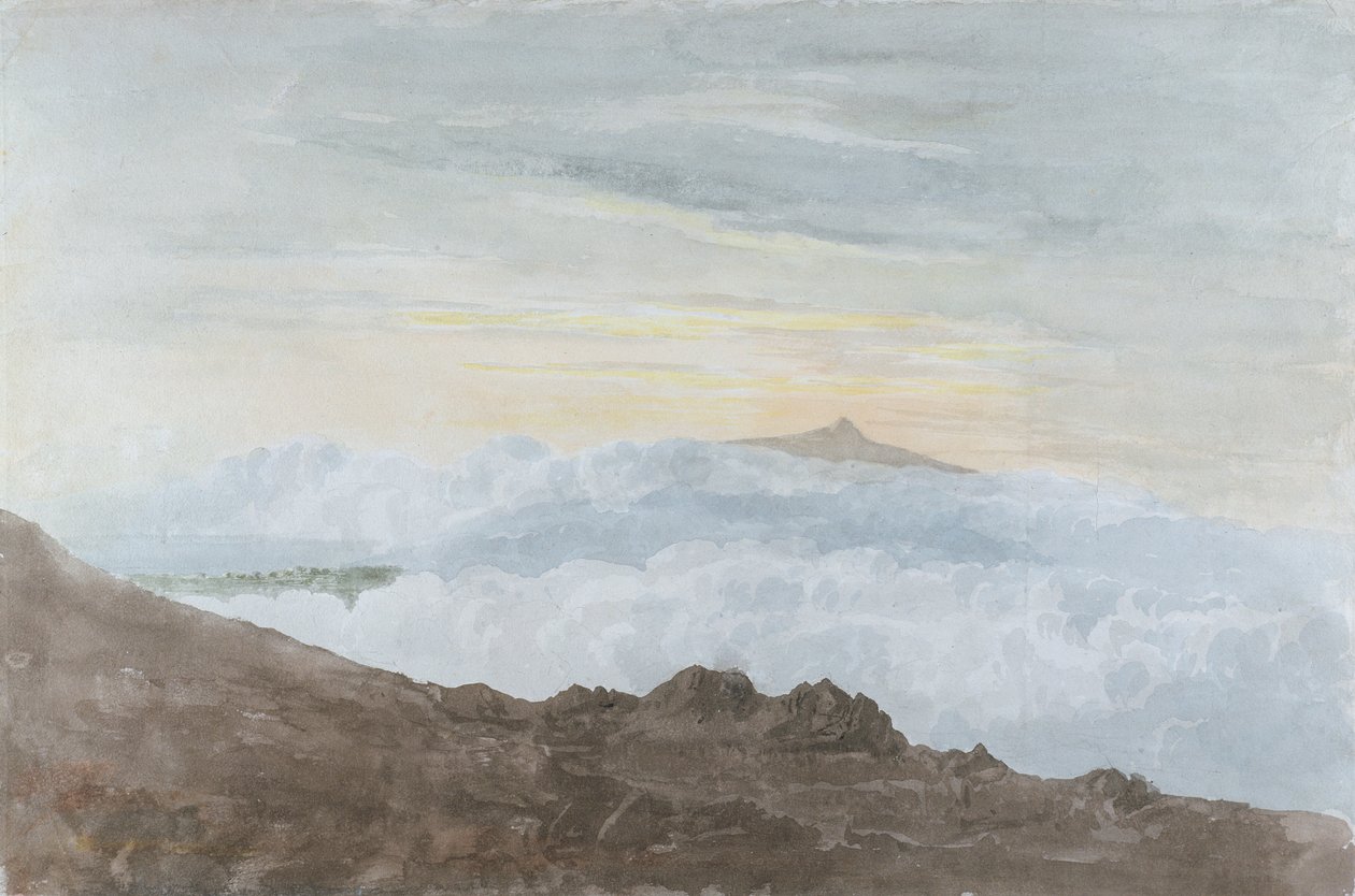 雲のある山岳風景、1803年頃（織り紙のグラファイトの上にトイレ） 作： ジョシュア・クリスタル