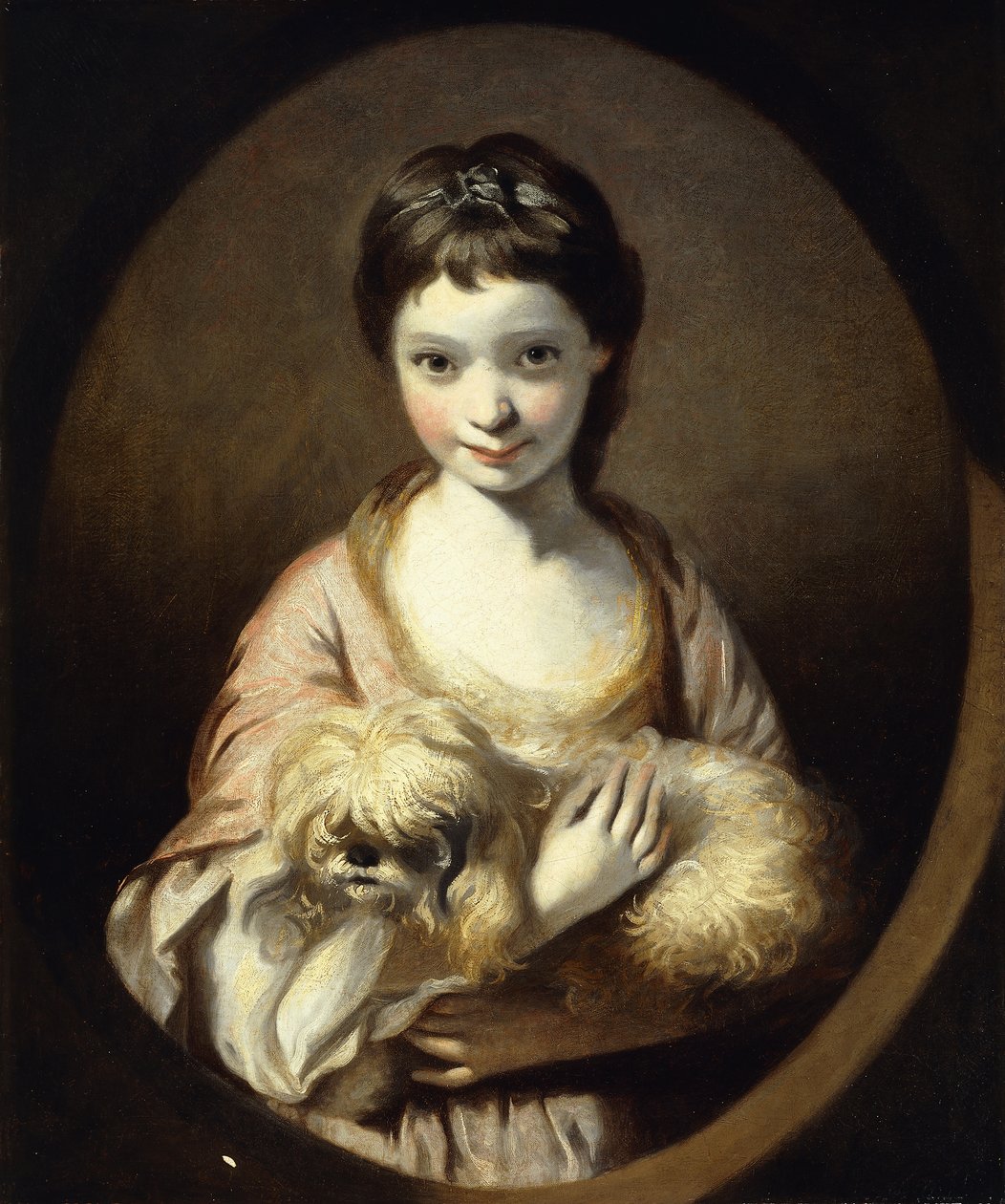犬を抱いたピンクと白のドレスを着たミスエミリアヴァンシタートの肖像、ハーフレングス、1767-68年 作： ジョシュア・レイノルズ