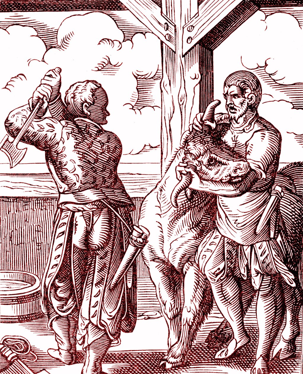 肉屋 - 中世の食と料理。ヨスト・アンマン（1539-1591）のエングレーヴィング。1878年 作： ジョスト（後）アンマン