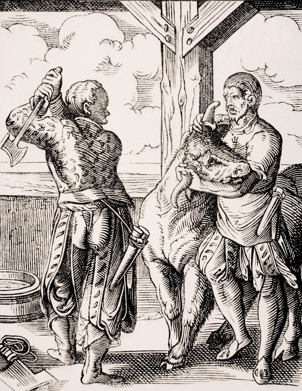 The Butcher and his Assistant、1847 年に出版された Paul Lacroix (1806-84) の「Le Moyen Age et La Renaissance」からの Jost Amman (1539-91) による 16 世紀の彫刻の複製 (リソ) 作： ジョスト（後）アンマン