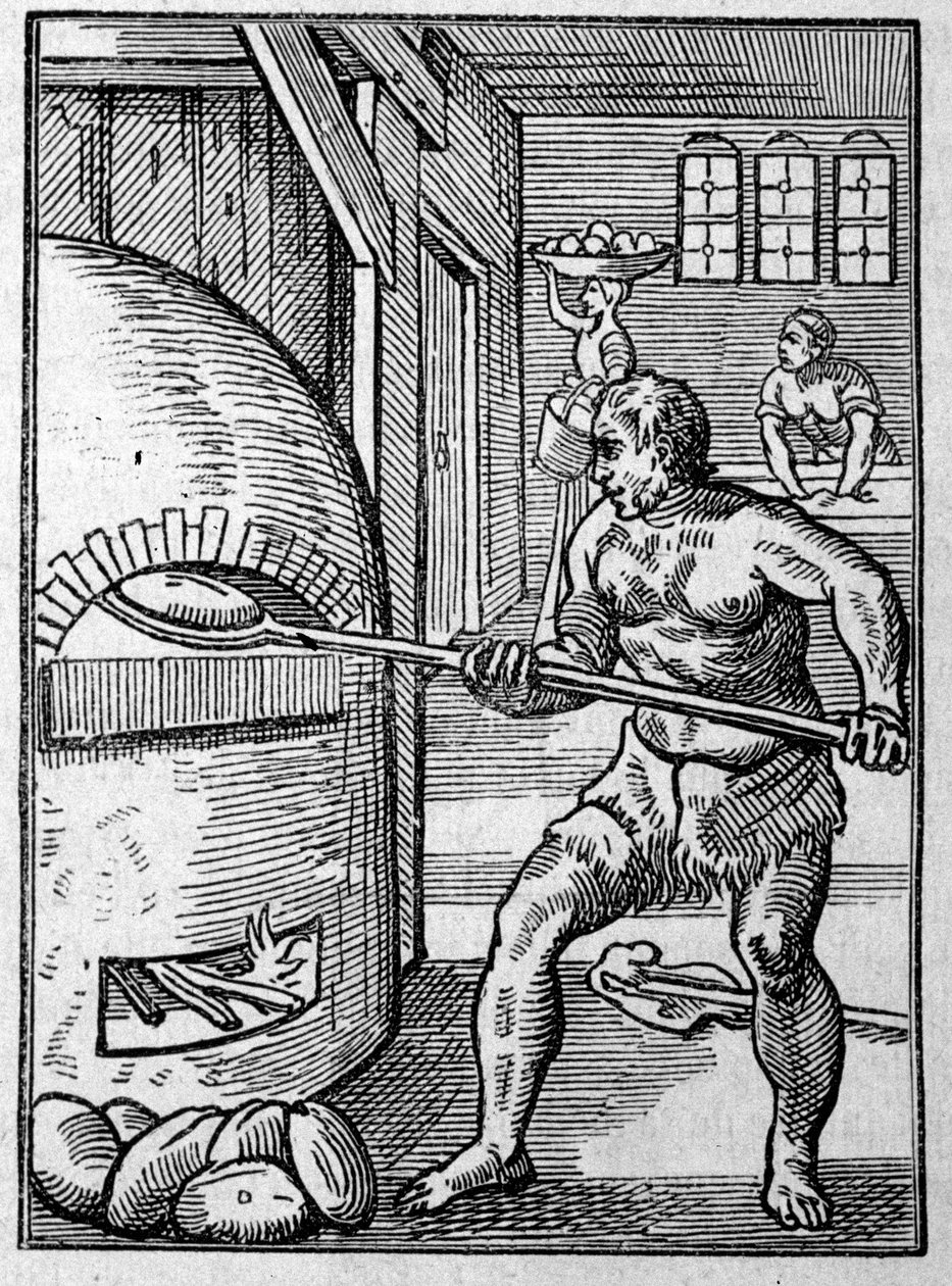 オーブンでパンを焼いているパン職人。ヨスト・アマン（1539-1591）のエングレーヴィング 16世紀 作： ヨーストアンマン