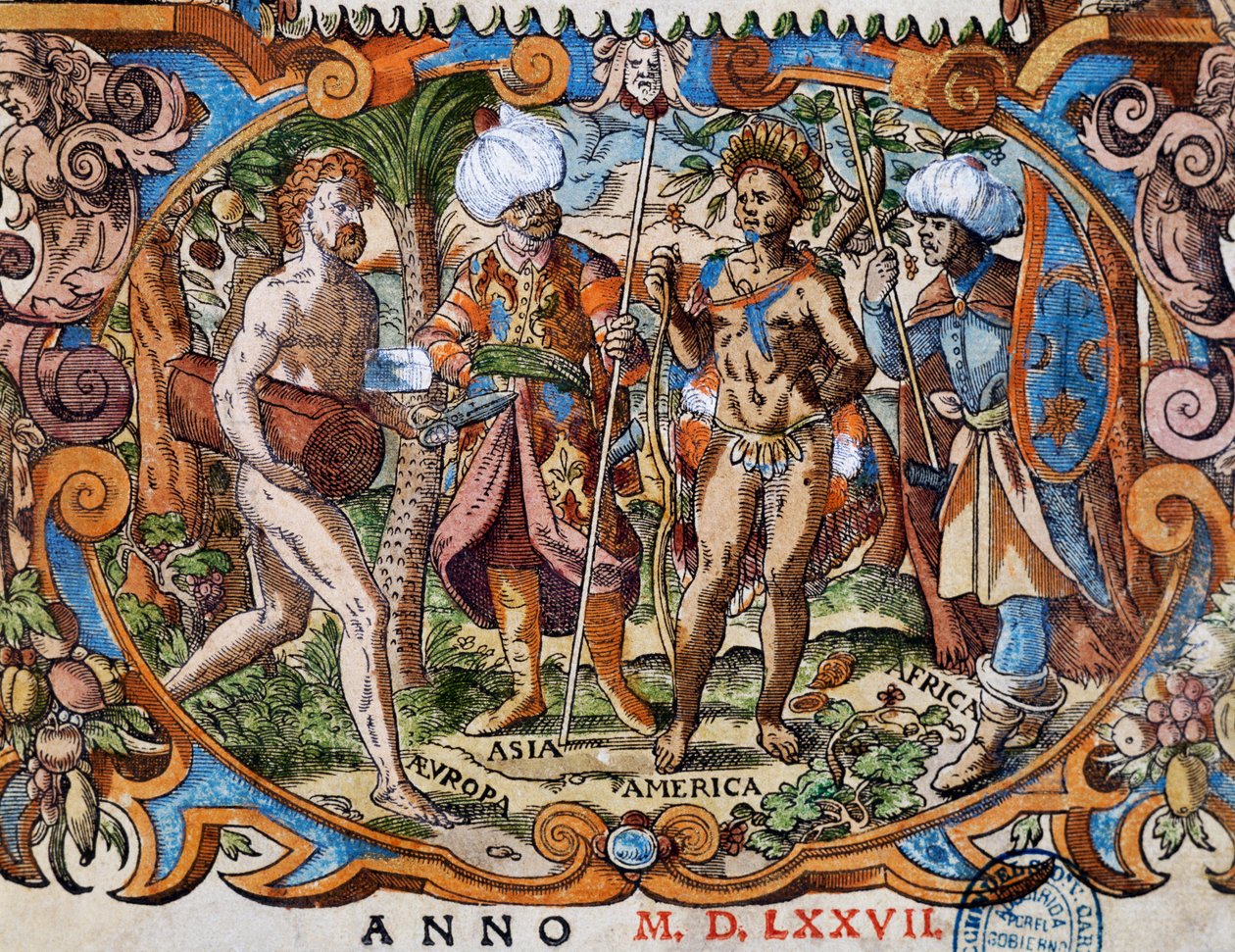 ヨスト・アマン（1539-1591）のエングレーヴィングによる「四大陸」のタイトルページからの抜粋 作： ヨーストアンマン