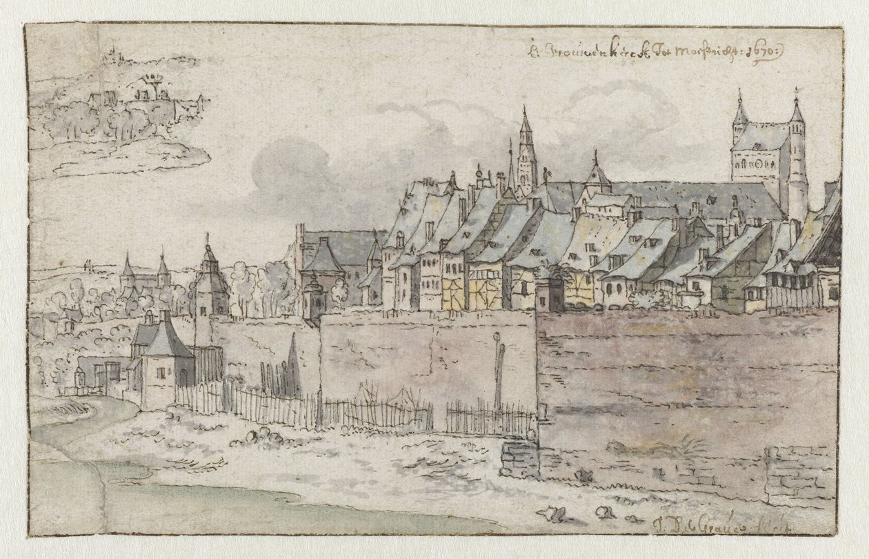 Onze-Lieve-Vrouwekerk を背景にしたマーストリヒトの城壁の眺め 作： ジョシュア・デ・グレイブ
