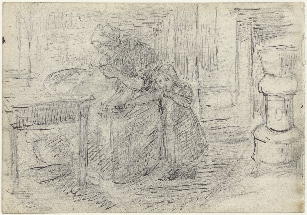 手仕事をする女性と子供を描いた室内画 作： ジョゼフ・イスラエル