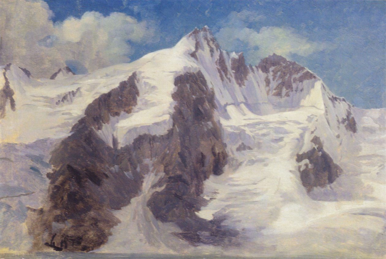 雪に覆われた山の頂。 作： ヨルゲンの太陽