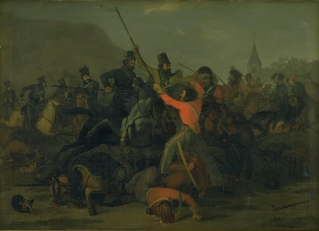 1813 年 12 月 6 日、ユトランド竜騎兵とコサックの決闘中にボンケ・ボンニヒセン大佐が倒れる 作： ヨルゲンV.ゾンネ