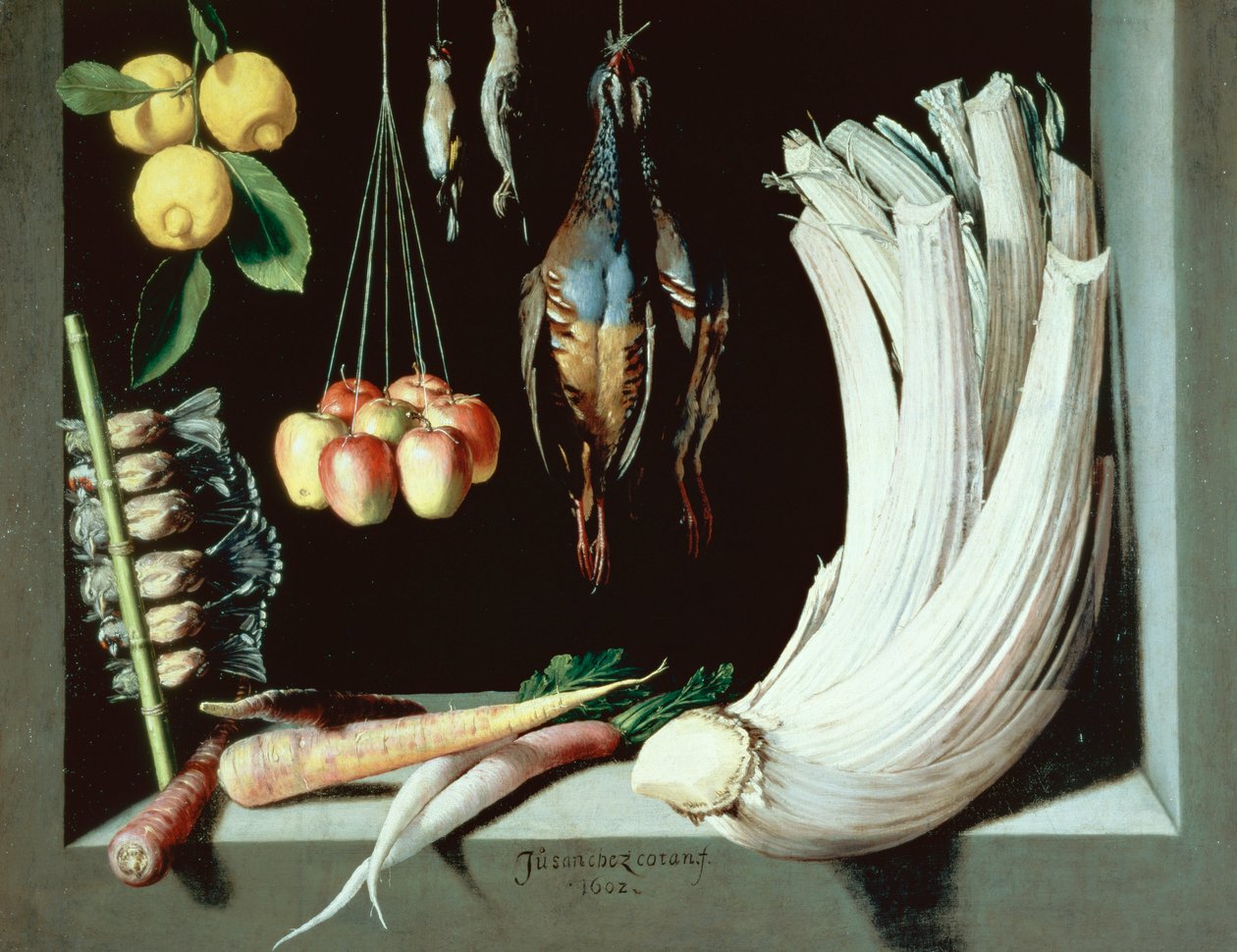 死んだ鳥、果物、野菜のある静物1602 作： フアン・サンチェス・コタン