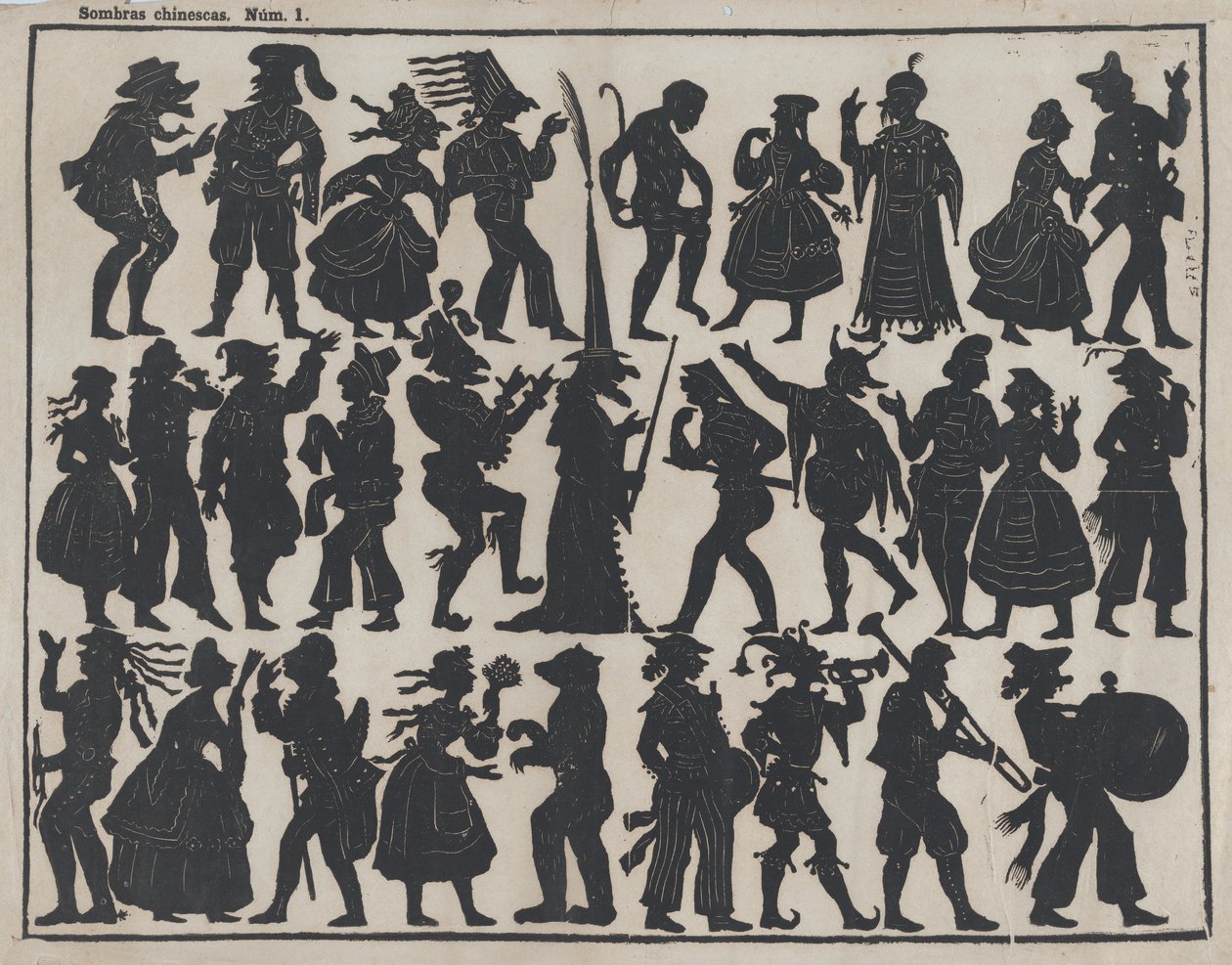 中国の影絵人形の図のシート 1、約。 1850～70年。 作： フアン・リョレンス
