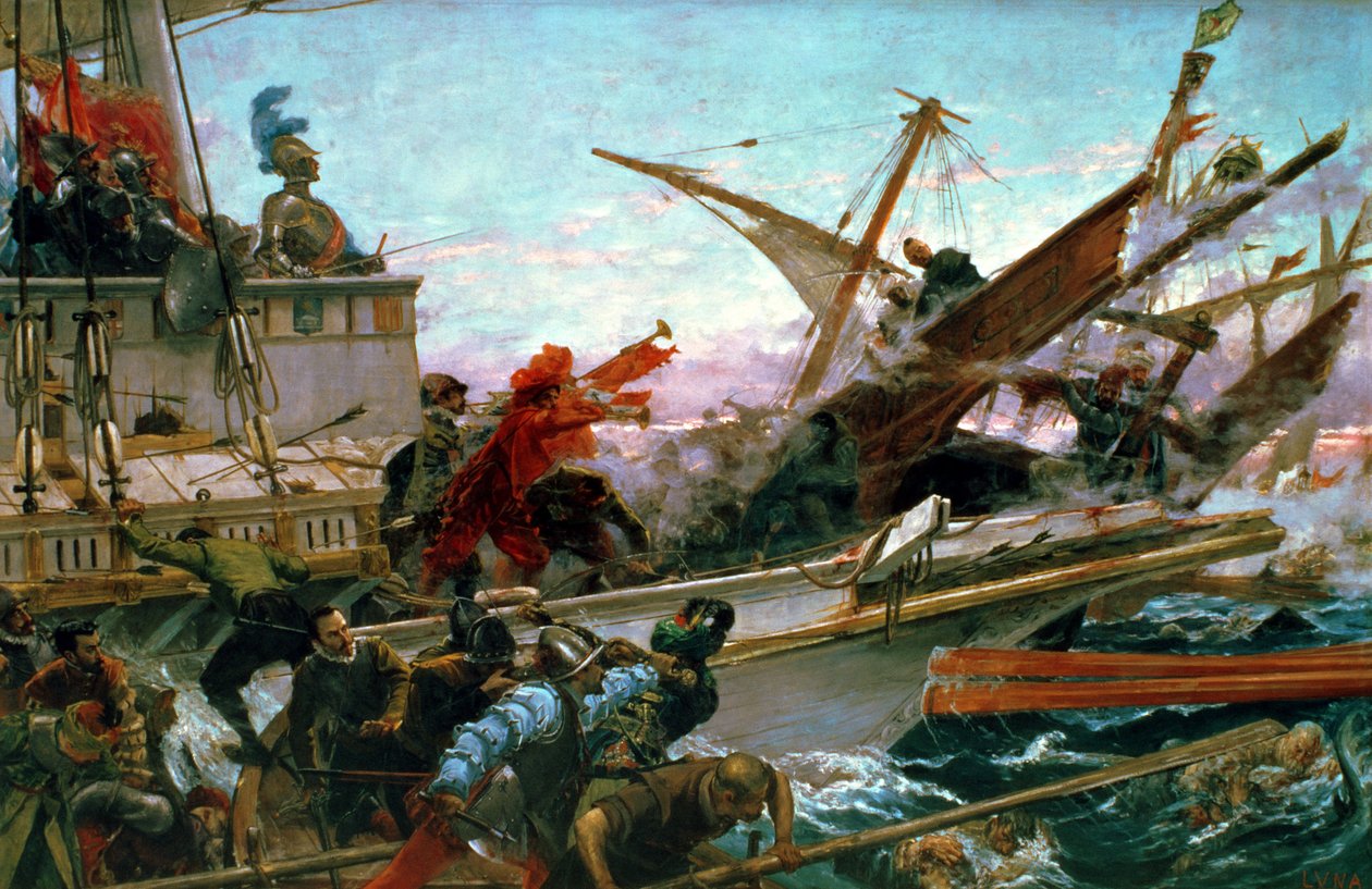 1571 年にオーストリアのドン ジョン (1547-78) が行ったレパント海戦 作： フアン・ルナ・イ・ノビシオ
