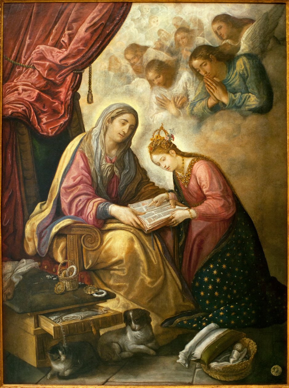 聖母に読み方を習う聖アンナ - フアン・デ・ロエラス（約1558/1560-1625）の絵画、油彩・カンヴァス、1615年頃 - スペイン・セビリア美術博物館 作： フアン・デ・ロエラス