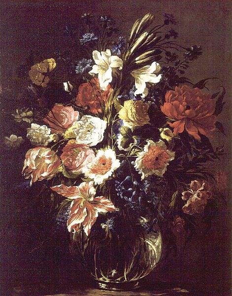 百合、牡丹、チューリップ、ヤグルマギクなどの花々をガラスの花瓶に入れて台座に飾る 作： フアン・デ・アレラノ