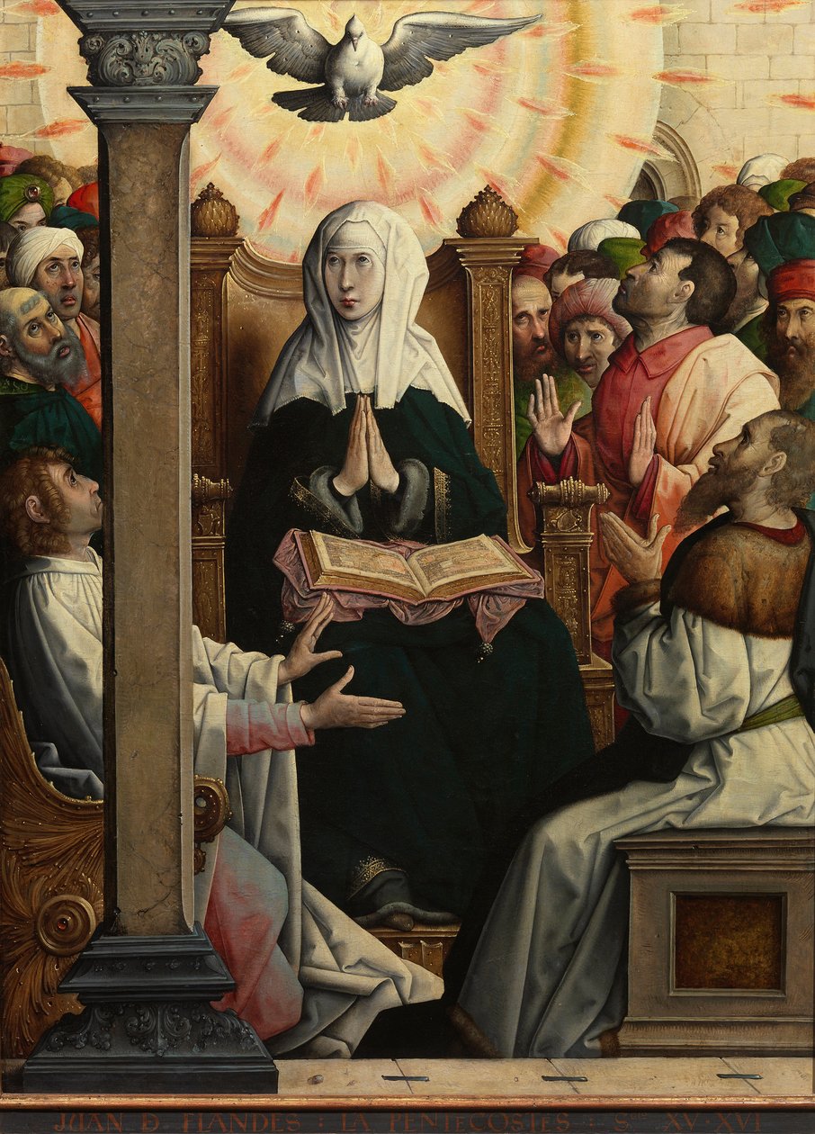 "Pentecote" (聖霊降臨祭) Juan de Flandes (vers 1465-1519) Peinture de Juan de Flandes (vers 1514-1519) Dim 110x84 cm Museo del Prado, Madrid 作： ファン・デ・フランデス