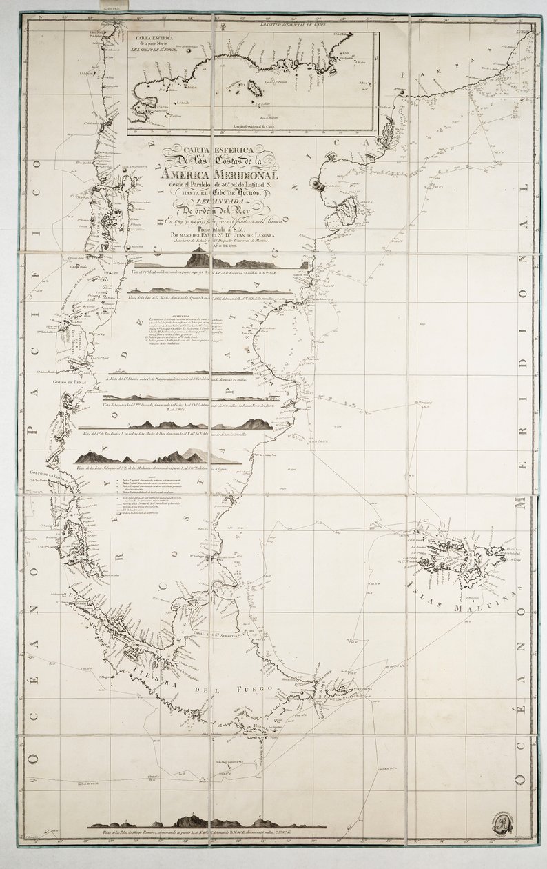 チリ、パタゴニア、ティエラ・デル・フエゴおよびフォークランド諸島の地図、1798年頃（エングレーヴィング） 作： フアン・デ・ランガラ