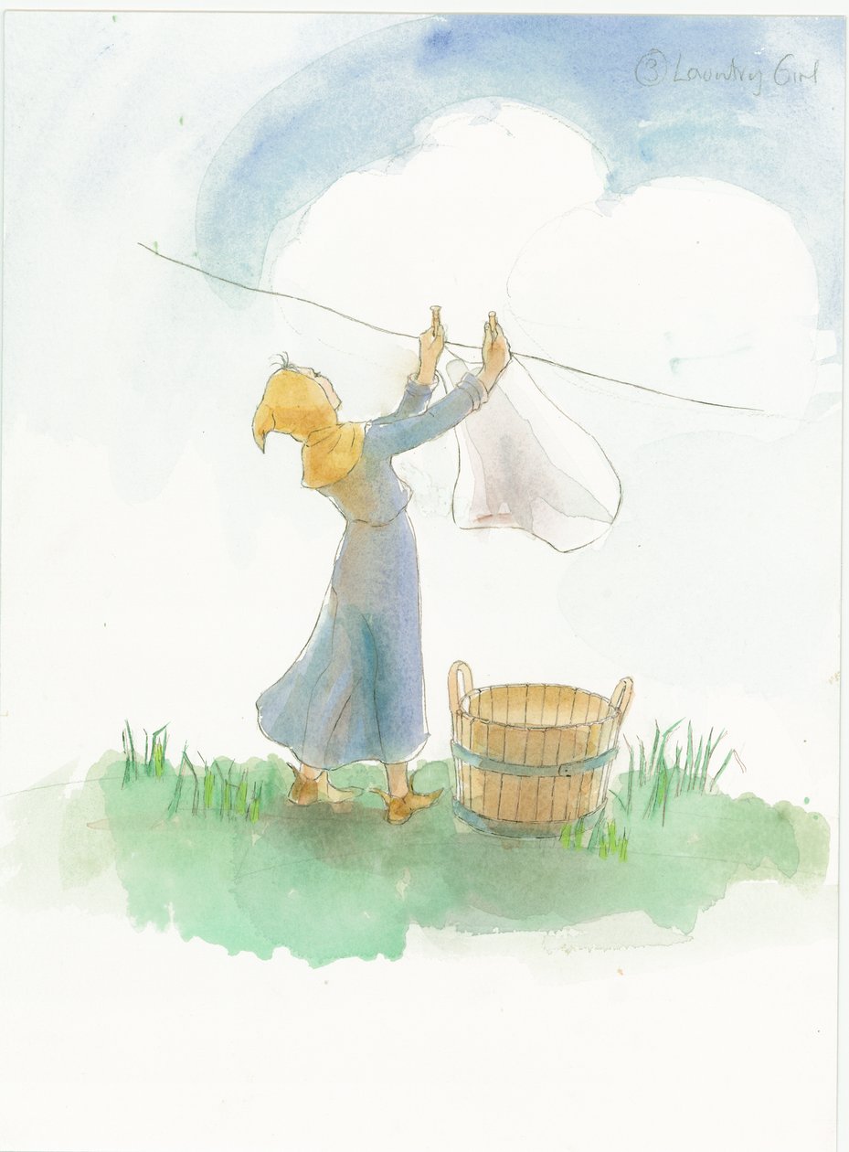 中世の少女が洗濯物を干している様子（2004年 作： ジュディス・ドビー