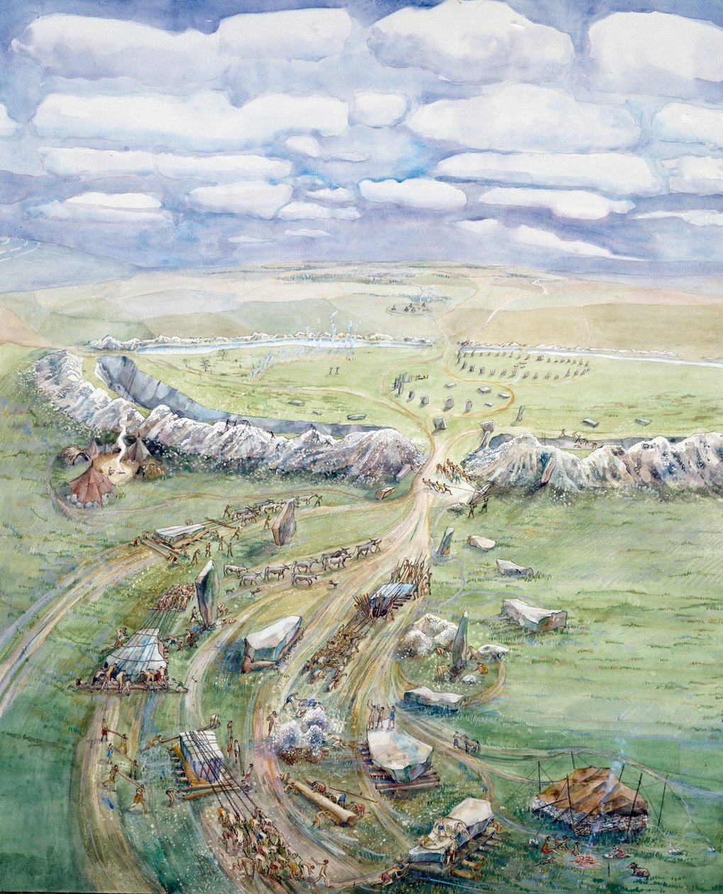 建設中のエーヴベリー・ヘンジ（紙に水彩画） 作： ジュディス・ドビー