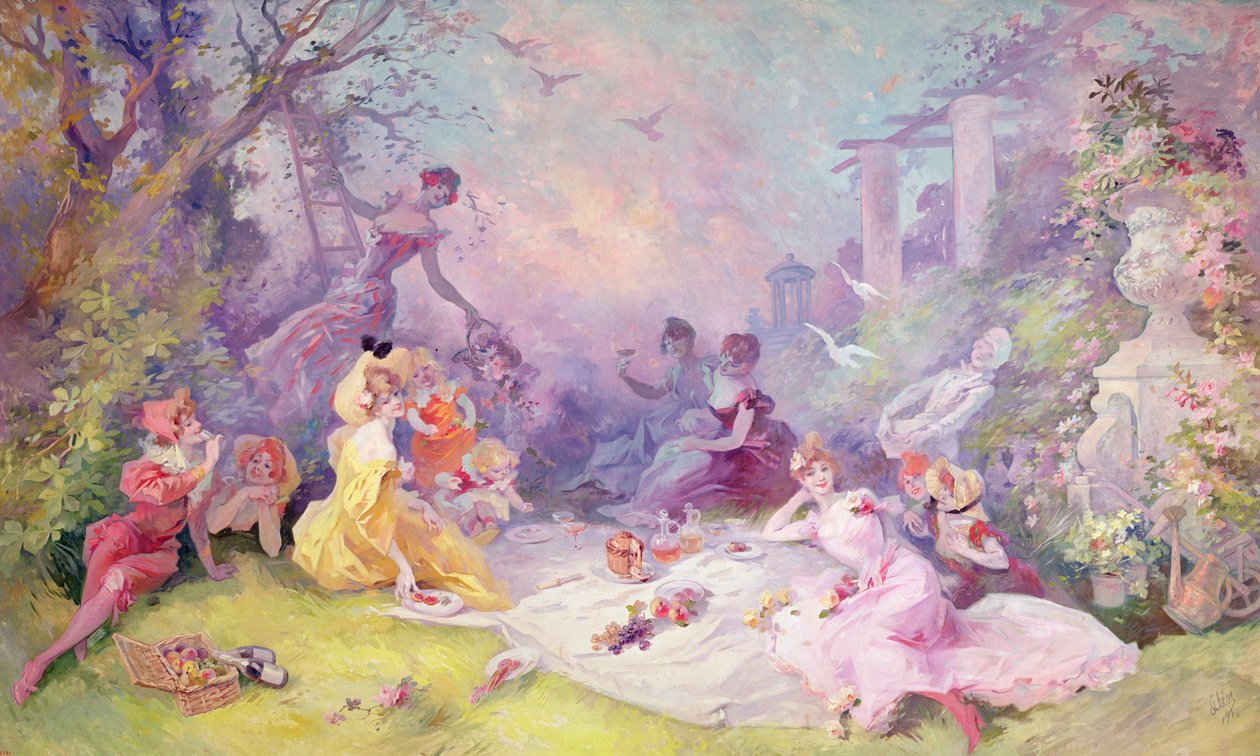 「芝生でランチ」、1904 作： ジュール・チェレット