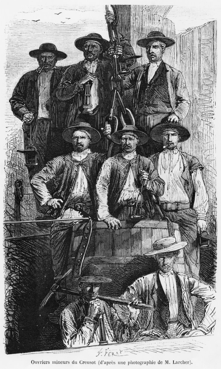 第2帝国時代のルクルーゾの炭鉱夫、ジュリアントゥルガン作「Les Grandes Usines」のイラスト、1880年頃 作： ジュール・フェラ