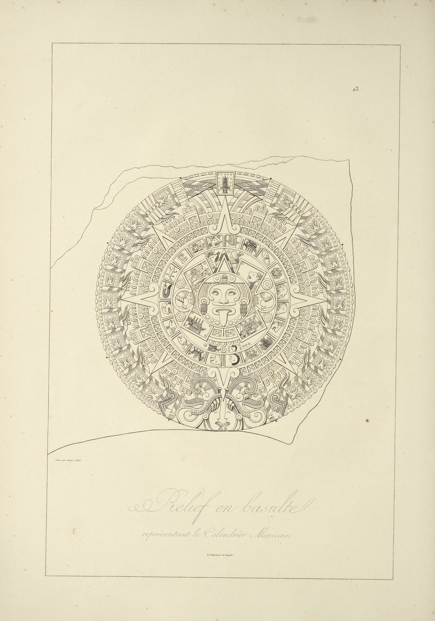 メキシコのカレンダーを表す玄武岩の救済、アレクサンドルフォンフンボルトとエイムボンプランドによる1813年のコルディジェラの眺めとアメリカ先住民の記念碑のイラスト 作： ジュール・ジャーマン・クローケー