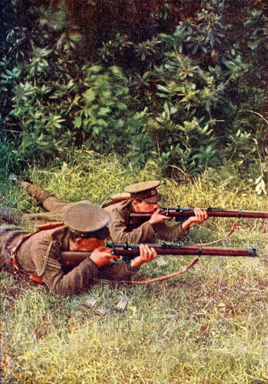 1914年9月、パリ東方のマルヌの戦いでバイエルンの竜騎兵と戦っているイギリスの射手（オートクローム） 作： ジュール・ジェルヴェ・コートテルモント