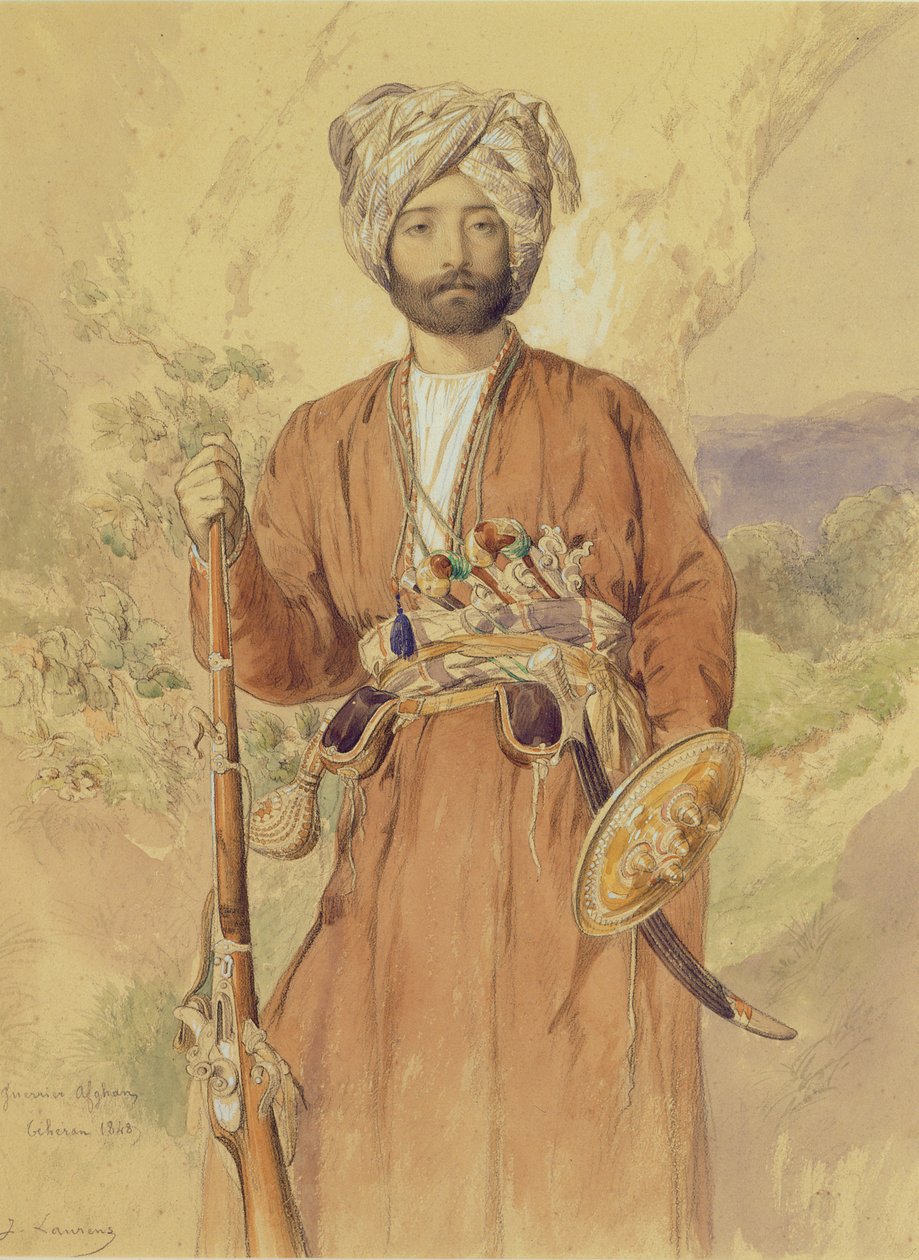 テヘラン、1848年のアフガニスタンの戦士の研究（鉛筆、紙と体色） 作： ジュール・ジョセフ・オーギュスティン・ローレンス