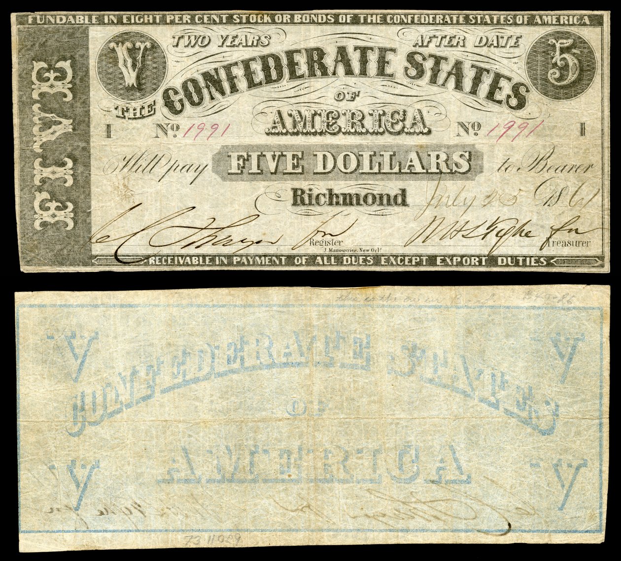 2番目のシリーズの5ドルの南北アメリカの紙幣。南北アメリカの正面を向いて、1861年だけが印刷された裏でメモを発行しました。 作： ジュール・マヌヴリエ