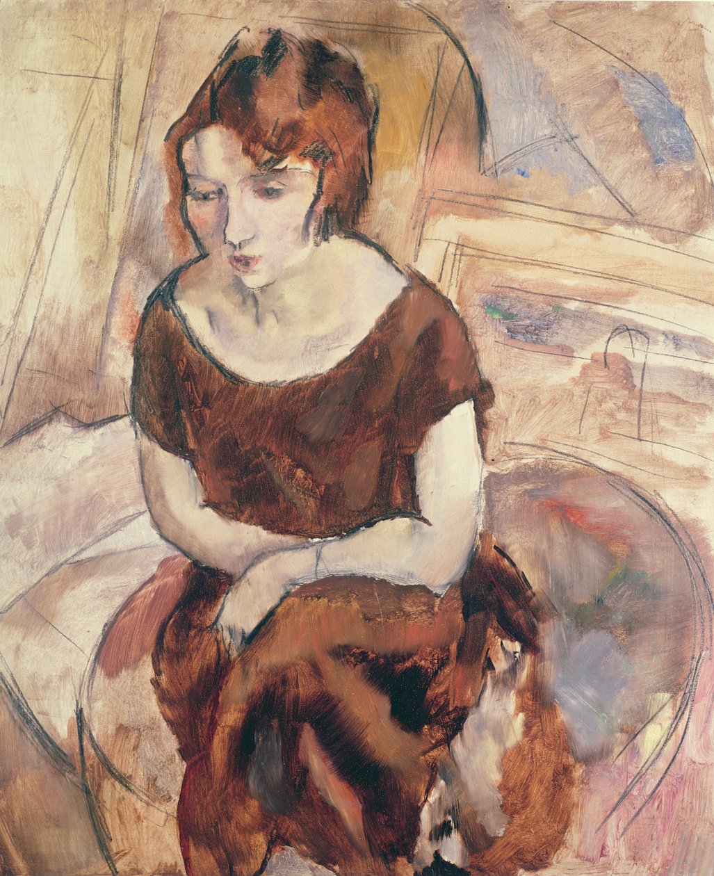 若い女性、1925年（段ボールに油彩） 作： ジュール・パスシン