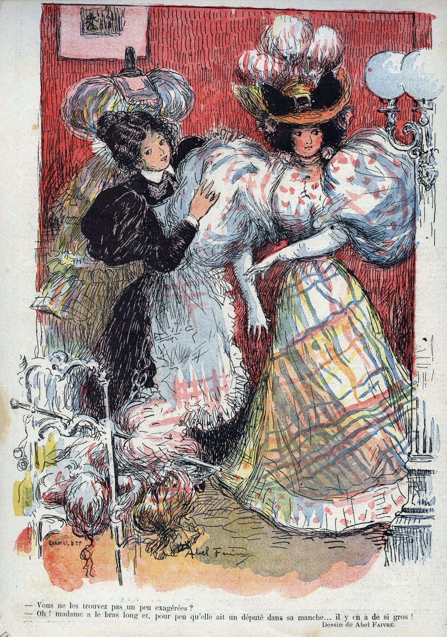 少し誇張されていると思いませんか？アベル・フェーヴル（1867-1945）のユーモラスな絵。"The Laughter", n. 45 1895.- 女性が新しいドレスに挑戦している。大きな袖が2つある。彼女はドレスアップした彼女にアドバイスを求めている。 作： ジュール・アベル・ファイブル