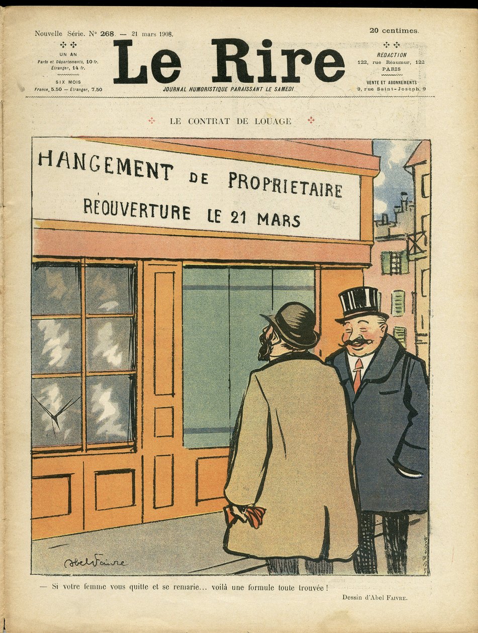 アベル・フェーヴル（1867-1945）のイラストが「Le Rire」誌の表紙を飾る（2008年3月21日） - The contract of hire - Architecture Urban Planning, Wedding, Adultere, Shops 作： ジュール・アベル・ファイブル