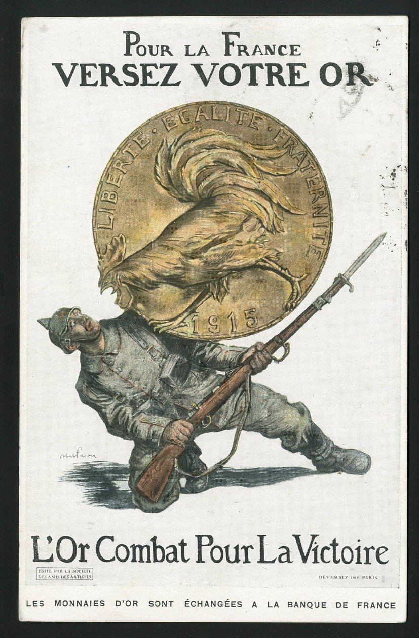 ポストカード『Satirique en Colours』、1915年頃の作品。フランスのために」「金を注ぐ」「14-18年戦争」「ドイツ・プロイセン」「銀」「敵対勢力とシンボル」「勝利」「借用」「愛国の旅」「雄鶏」「アベル・フェーヴル（1867-1945）のイラスト 作： ジュール・アベル・ファイブル
