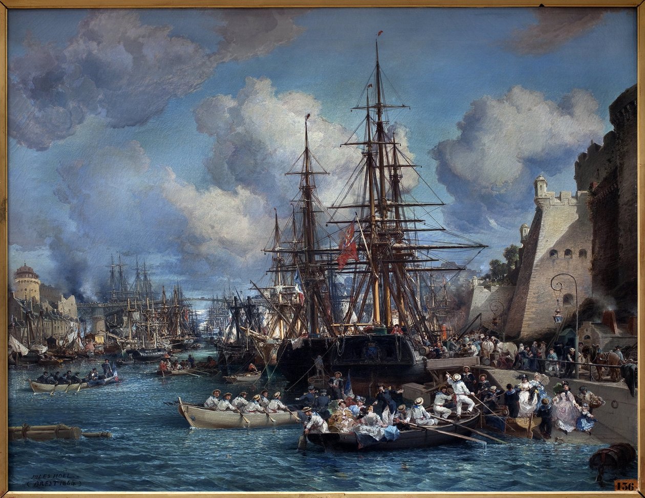 1864年のブレスト（フランス）の港。ジュール・ノエル（1815-1881）の作品。油彩・キャンバス 作： ジュール・アキレ・ノエル