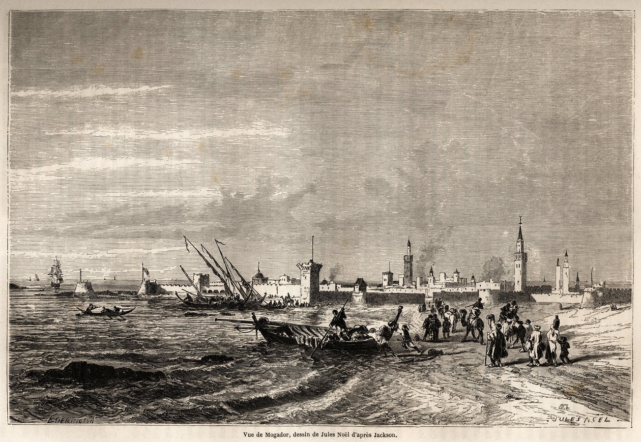 ジュール・ノエル（1810-1881）が描いたエッサウイラ（旧モガドール）の眺め。パリの "Le tour du monde, nouveau journal des voyages "に掲載された版画。 作： ジュール・アキレ・ノエル