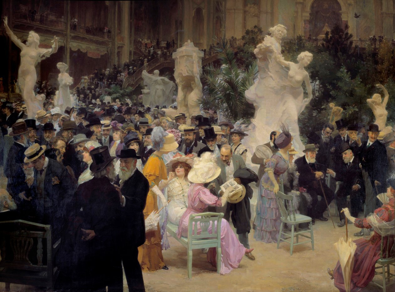 Belle epoque: "A Friday at the Salon des artistes français" パリのブルジョワジーたちが、社交行事の際に集う。詳細ジュール・アレクサンドル・グリュン（1868-1934）の絵画 1911年 日3,6x6,16 m ルーアン、Musee des Beaux Arts 作： ジュール・アレクサンドル・グルーエンまたはグルー