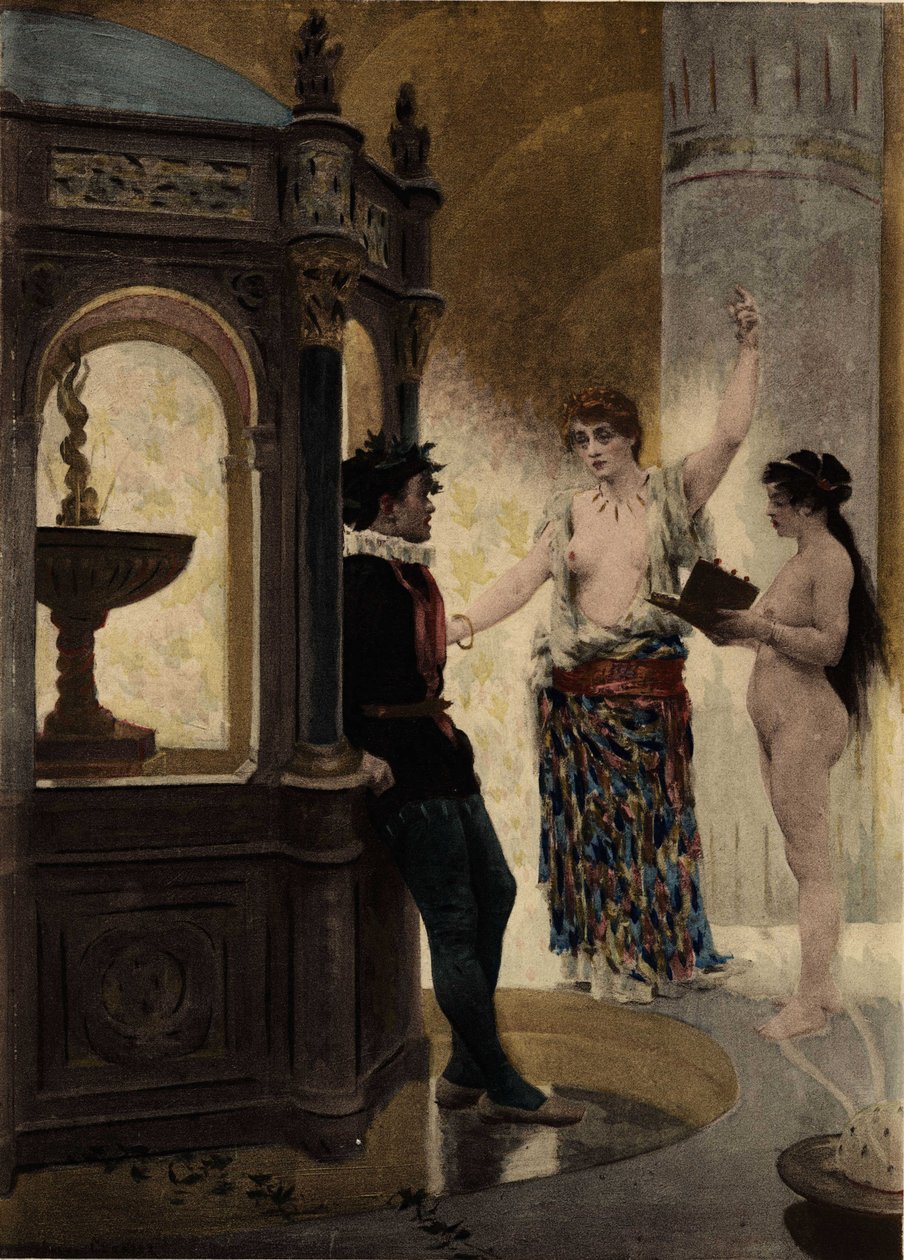 瓶の神殿のオラクルの巫女バクブックとパヌルゲ。右はバクブックのメイドの一人。パンタグリュエル。ジュール・ガルニエによる挿絵。ラブレーとジュール・ガルニエの作品』所収。 作： ジュールアルセンガルニエ