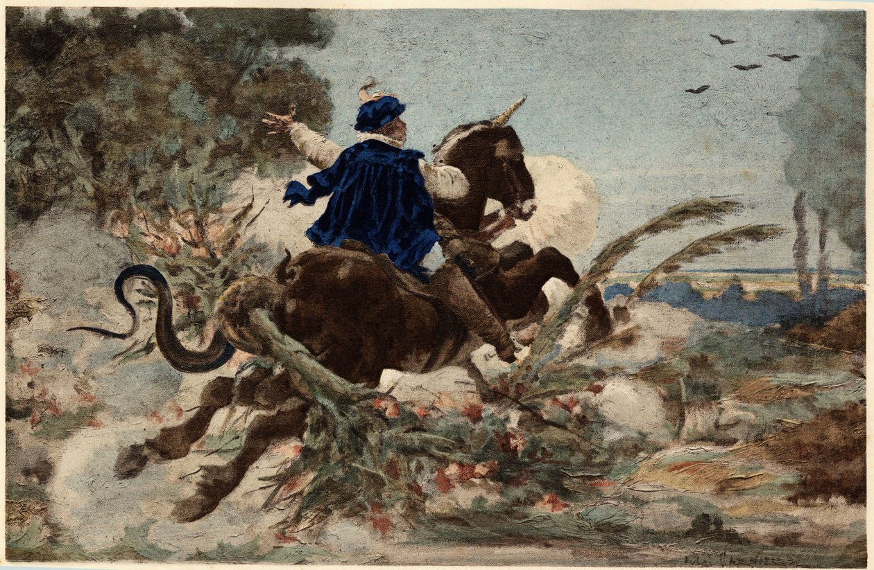 ボーセの森を破壊する雌馬に乗ったガルガンチュア。ガルガンチュア。ジュール・ガルニエによる挿絵。ラブレーとジュール・ガルニエの作品』所収。 作： ジュールアルセンガルニエ