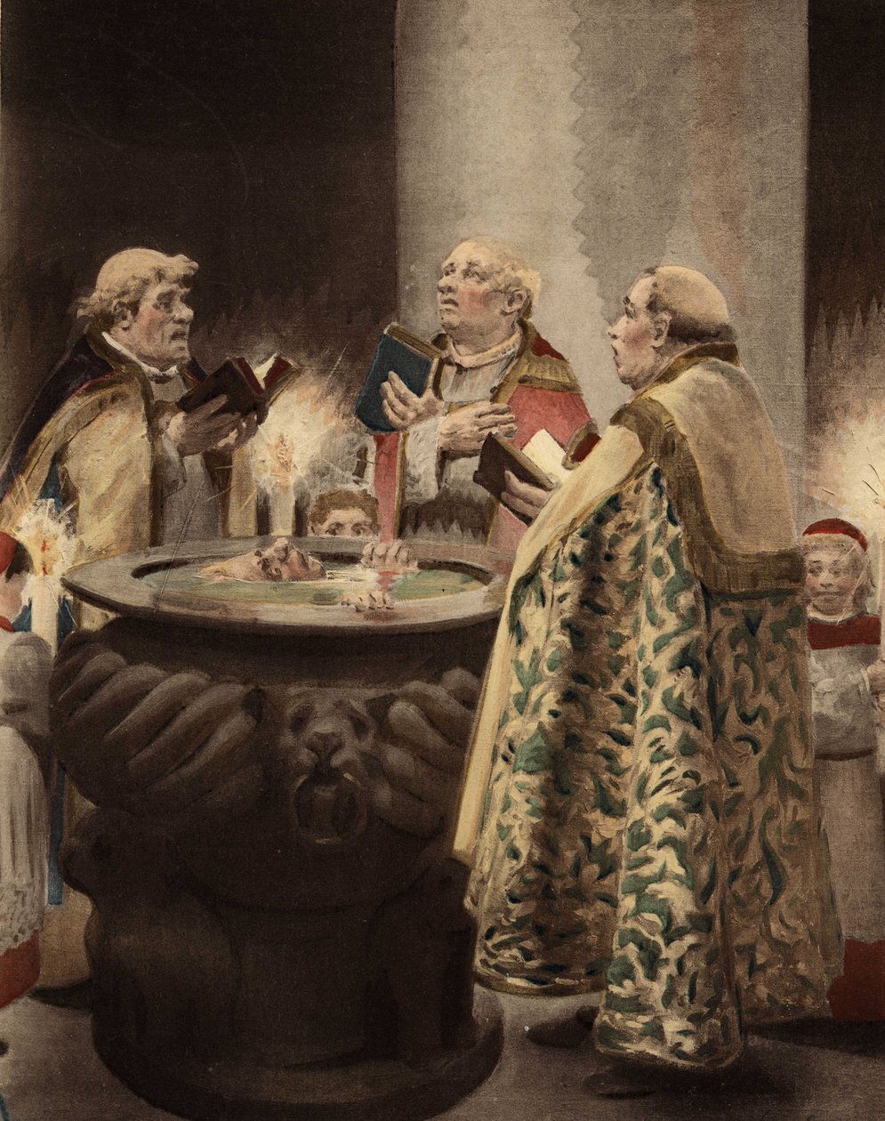 礼拝堂で、3人の司祭が、男が浸かっているベニチエを取り囲む。パンタグリュエル。ジュール・ガルニエによる挿絵。ラブレーとジュール・ガルニエの作品』所収。 作： ジュールアルセンガルニエ