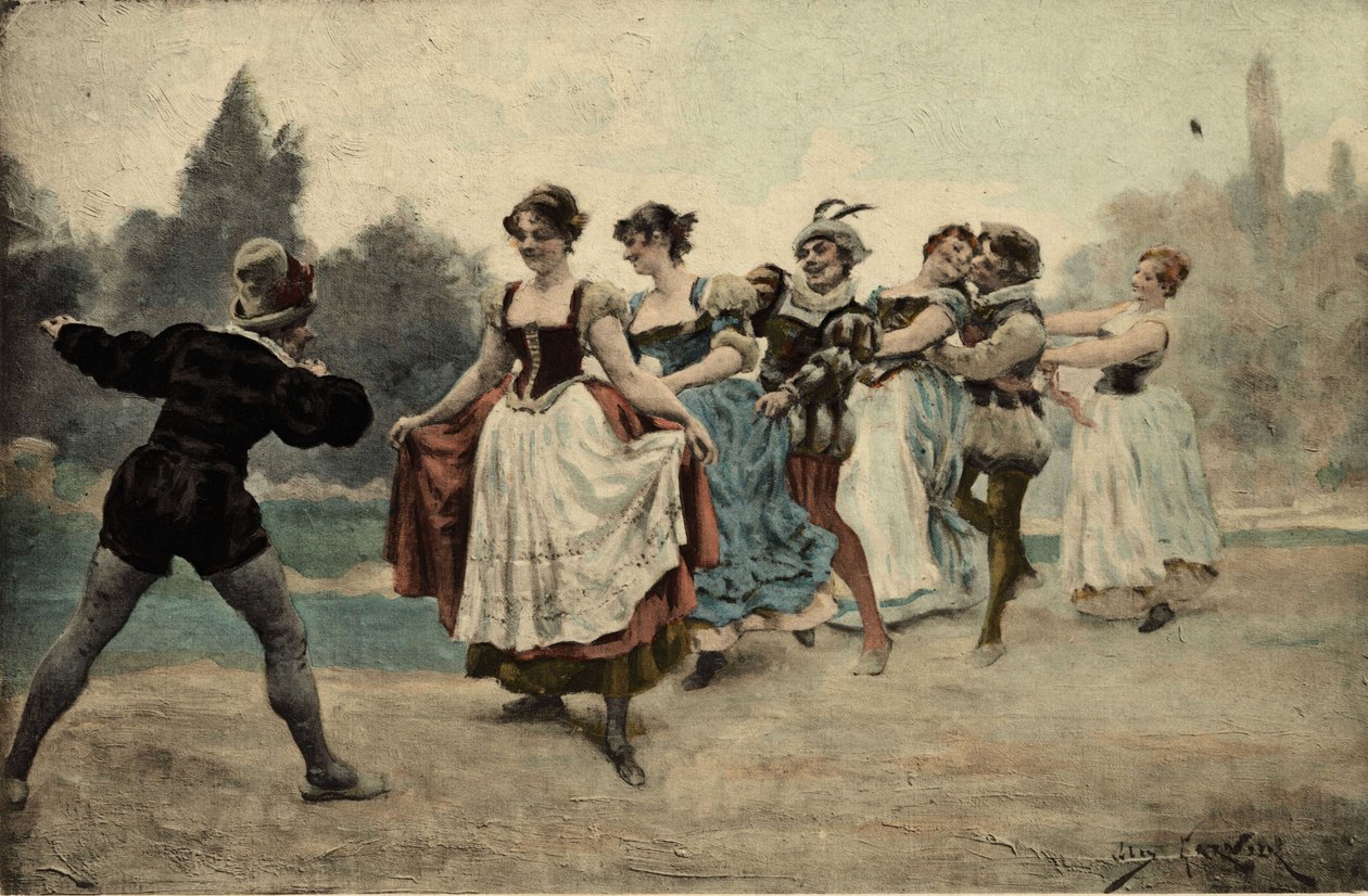 ロップ（狼の尻尾）の尻尾で遊ぶ男女。ジュール・ガルニエによるイラスト。"Rabelais et l