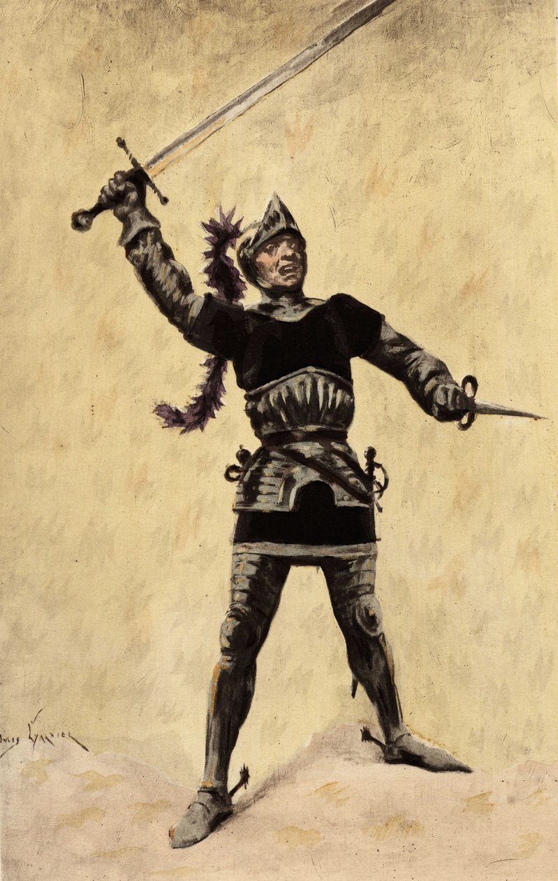 鎧を着て剣を振るレルヌの王ピクロコール。ジュール・ガルニエによるイラスト。ラブレーとジュール・ガルニエの作品』所収。 作： ジュールアルセンガルニエ