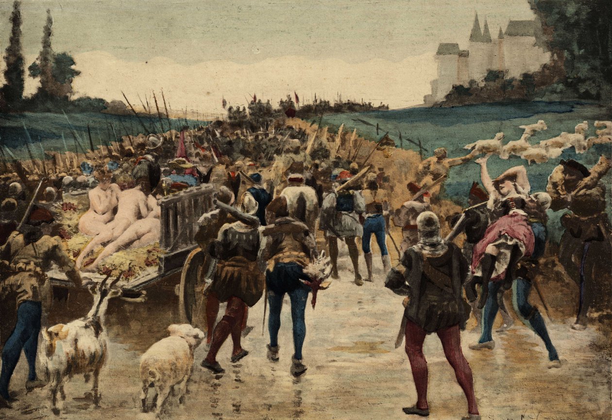 ガルガンチュアの父、グラングージエの領地に進攻するレルヌ王ピクロチョールの軍勢。ガルガンチュア。ジュール・ガルニエによるイラスト。ラブレーとジュール・ガルニエの作品』所収。 作： ジュールアルセンガルニエ