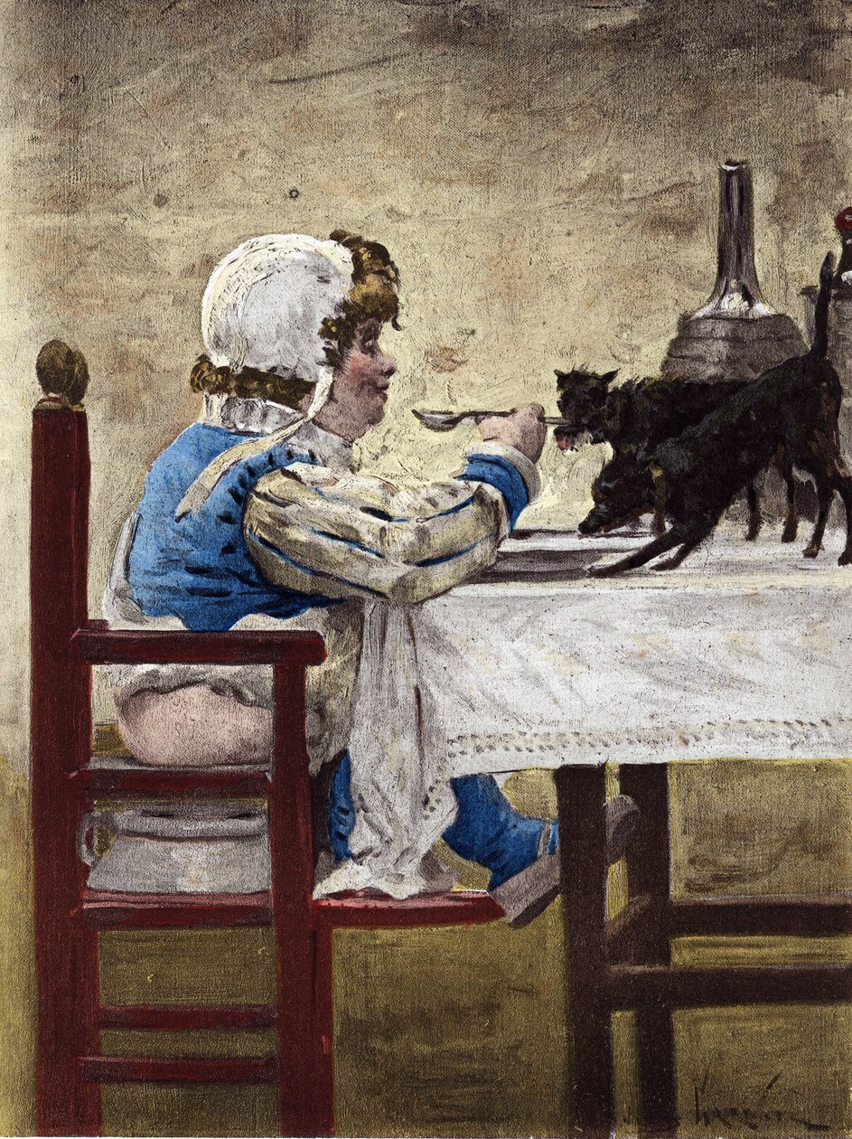 ガルガンチュアの皿で食事をする、ガルガンチュアの父グランドバックソーンの犬たち。ガルガンチュア。ジュール・ガルニエによる挿絵。ラブレーとジュール・ガルニエの作品』所収。 作： ジュールアルセンガルニエ