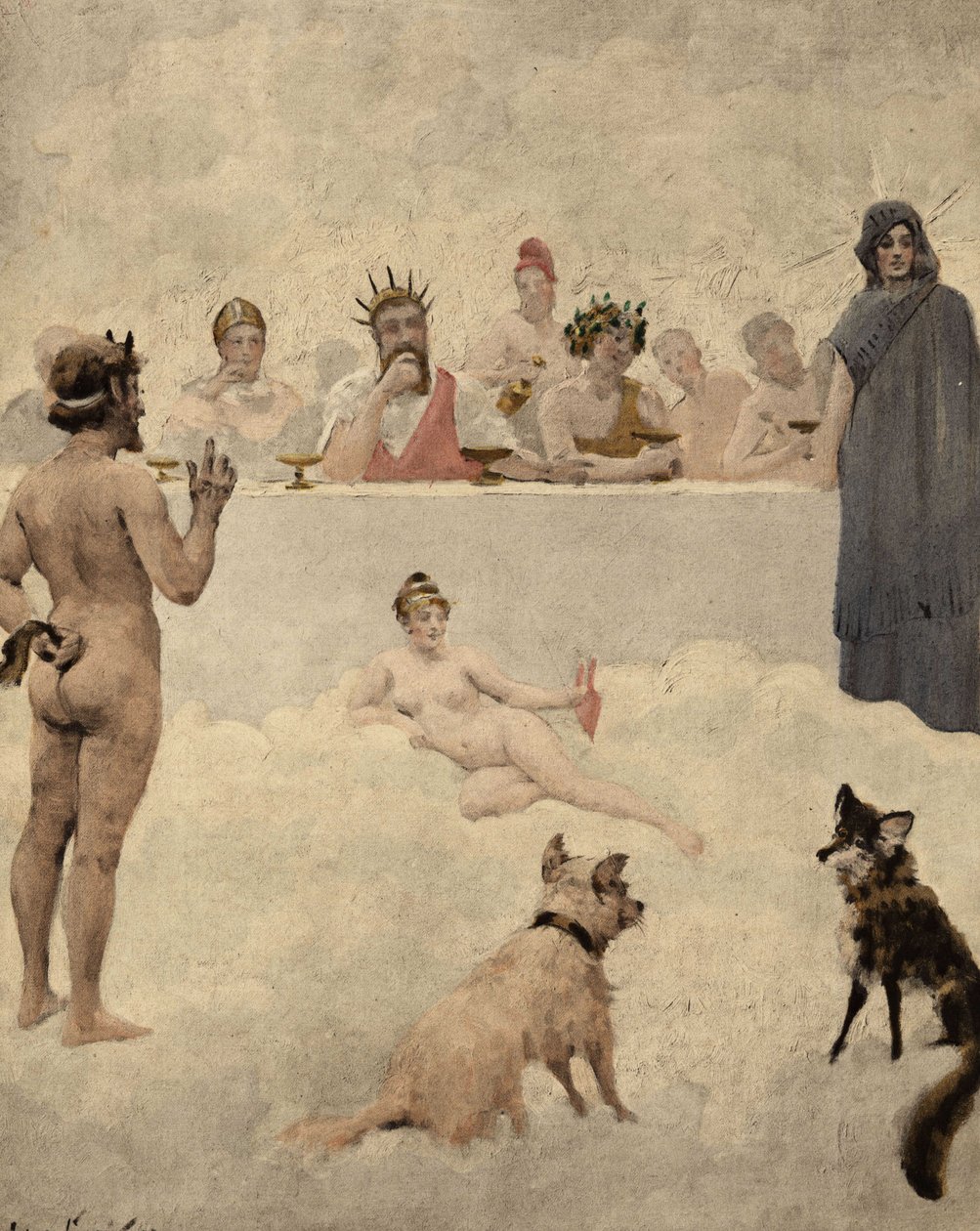 神々の会議の前に戻ってきた庭園の神プリアポス。中央はユピテル（ユピテル、ゼウス）。その左はバッカス（ディオニュソス、バッコ）。その下に犬と狐。パンタグリュエル。ジュール・ガルニエによる挿絵。ラブレーとジュールの作品』所収 作： ジュールアルセンガルニエ