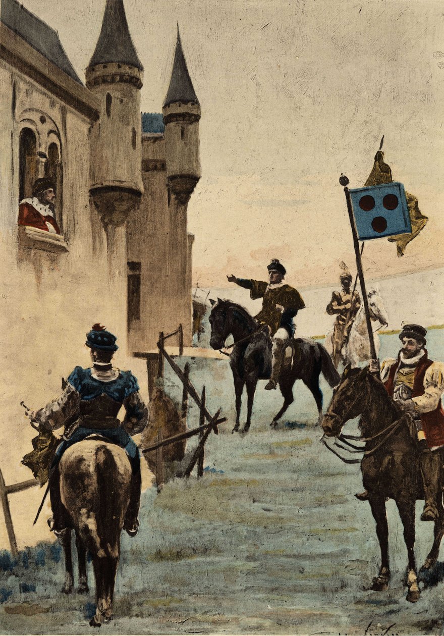 ガルガンチュアの父グランゴージエから派遣されたウルリッヒ・ガレットが、レルヌの王ピクロコールに話を聞く。ガルガンチュア。ジュール・ガルニエによる挿絵。"Rabelais et l