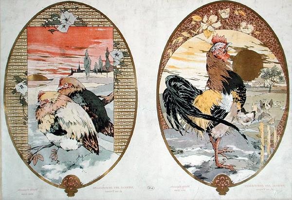 コックとニワトリ、屏風のデザイン、1900年頃（カラーリトグラフ） 作： ジュール・オーギュスト・ハーバート・ディス