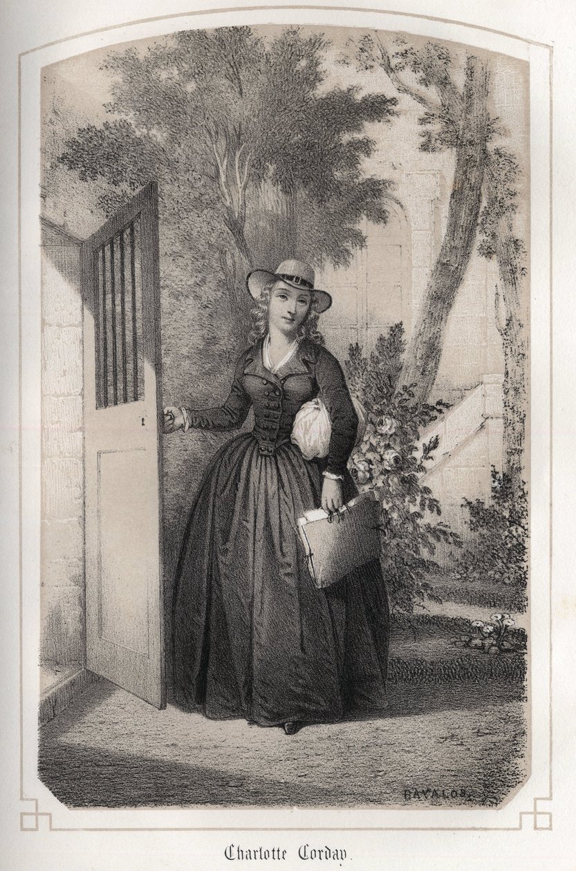 シャルロット・コルデー (1768 - 1793) の肖像。 ドロホヨスカ伯爵夫人による「フランスの輝かしい女性たち」。 MM JULES と BAYALOS の DRUTS のイラスト。 1850年頃。 作： ジュールとバヤロスエイムドデビッド