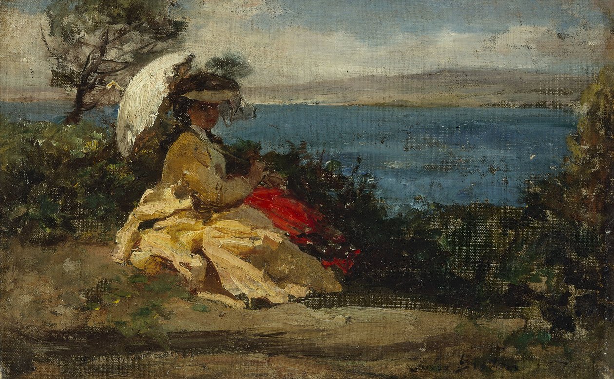 パラソルをさす女性、ドゥアルネーズ湾、1870年から1875年の間（油彩・カンヴァス） 作： ジュール・ブルトン