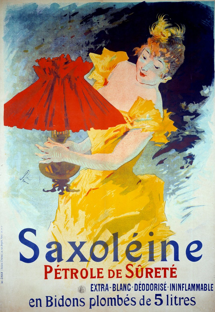 製品「Saxoleine Petrole de surete」の広告ポスター。女性がランプにオイルを入れている。ジュール・シェレ（1836-1932）の安全ランプ用オイル「Saxoleine」の広告ポスター 作： ジュール・チェレット