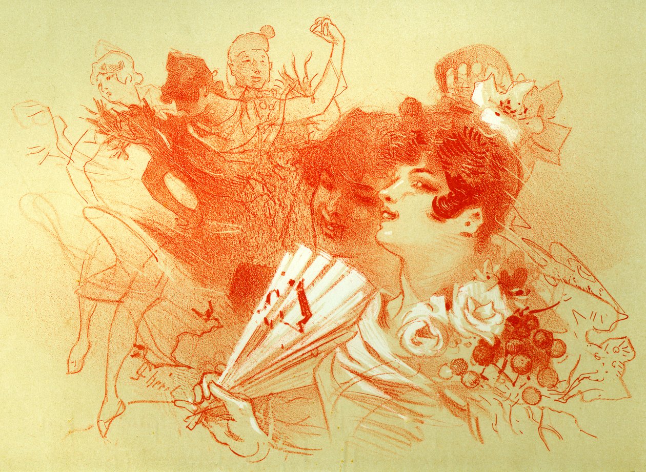 舞踏会にて - ジュール・シェレ（1836 - 1932）のドローイング（三国志） - 若い女性とダンサー - ダンス - 個人蔵 作： ジュール・チェレット